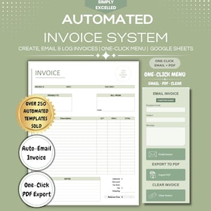 May include: An automated invoice system graphic with the text "AUTOMATED INVOICE SYSTEM". Features include one-click menu, email, PDF export, and over 250 automated templates sold. The design is on a light green background.