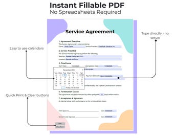 Fillable Service Agreement Template | Editable PDF Contract for Freelancers, Coaches & Small Businesses | Instant Download