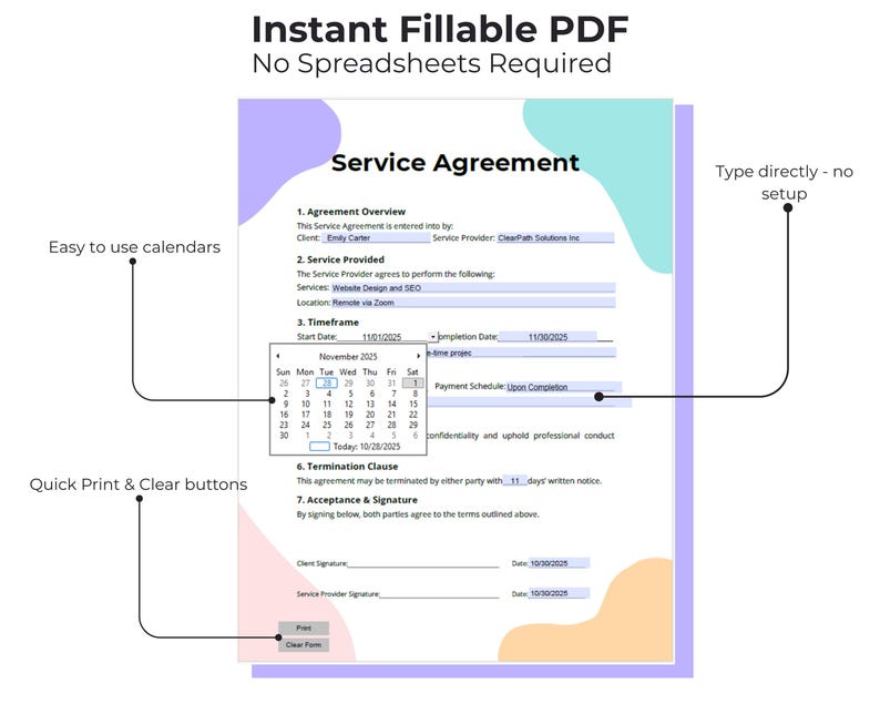 Fillable Service Agreement Template | Editable PDF Contract for ...