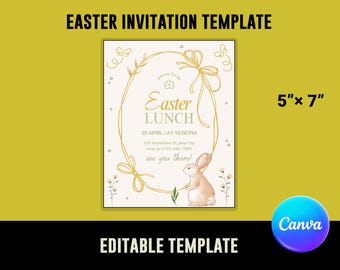 Mall för påskinbjudningar, redigerbar i Canva | Inbjudan till kaninäggsjakt och vårbrunchfest | Direktnedladdning