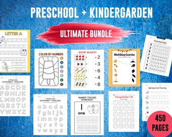 Förskola Förskole- + Dagis Lärandepaket | 450 Sidor | Utskrivbara Aktivitetsblad | Målarbok | Prick-till-prick | Följa | Alfabetet