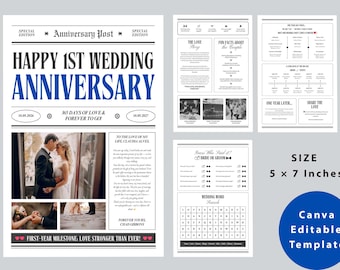 Mall för tidning till första årsdagen – Utskrivbar mall för bröllopstidning | Vintage framsida för par, 5x7 Canvas-nedladdning