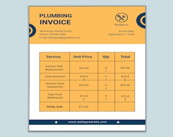 Redigerbar fakturamall för rörmokare | Faktura för rörmokartjänster | Entreprenörsformulär | Utskrivbar Canva PDF