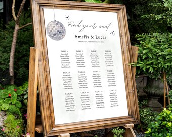 Mall för discobordsschema, retro 70-tals discokulbröllopsbordsplan, redigerbar canvas, groovy utskrivbar skylt, direktnedladdning