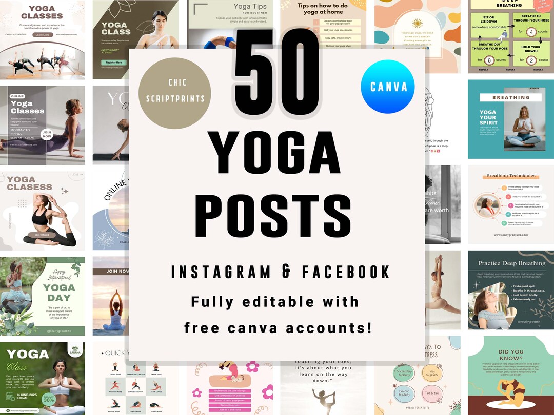 Yoga Poses Bundle for Beginners | 50 Editable Yoga Pose Canva Templates ...