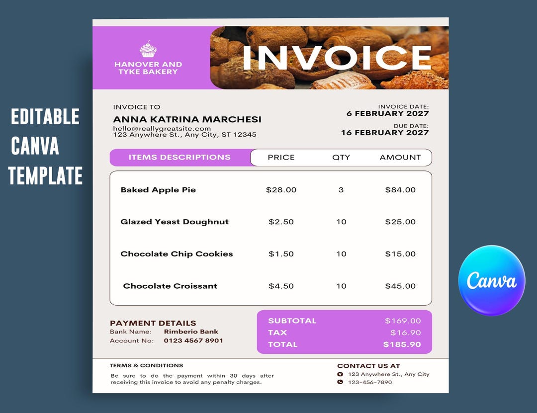 Editable Bakery Invoice Template for Canva | Cake & Sweet Treats Order ...