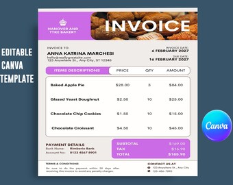 Redigerbar fakturamall för bageri för Canva | Beställningsformulär för tårtor och sötsaker | Utskrivbar PDF för direktnedladdning