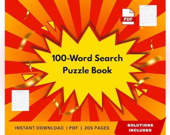 Ultimat ordsökningsspel med ett ord | 100 utskrivbara pussel med lösningar | Direkt PDF-nedladdning | Stor stil