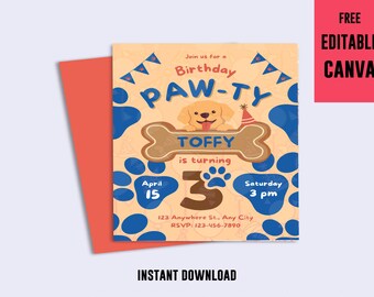 Redigerbar Paw-ty födelsedagsinbjudningsmall | Valpfestinbjudan | Paw Pup barnfödelsedag | Utskrivbar hundtemainbjudan | Pojkar & flickors födelsedag
