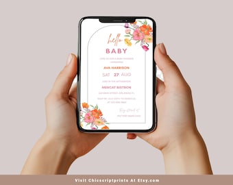 Pink Orange Floral Baby Shower Electronic Invitation Template, Editable Digital Evite for Phone & Text