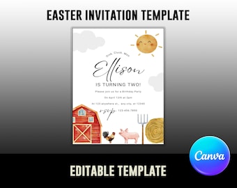Redigerbar bondgårdsfödelsedagsinbjudningsmall, bondgårdsdjursfestinbjudan för flickor, Canva direktnedladdning