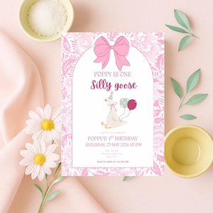 Silly Goose 1st Birthday Invitation Girl: Pink Party Canva Template (Digital Download 5x7in