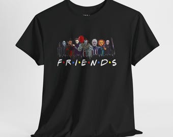 May include: Black t-shirt featuring a graphic of horror movie characters, with the word "FRIENDS" in a stylized font. The design includes characters like Freddy Krueger, Pennywise, and others, creating a spooky and fun theme.
