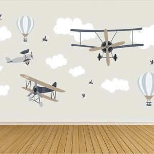 Airplane Wall Decals / Wall Mural / Vintage Airplanes / Airplane / Hot Air Balloon Decals / Clouds / Nursery Wall Decals