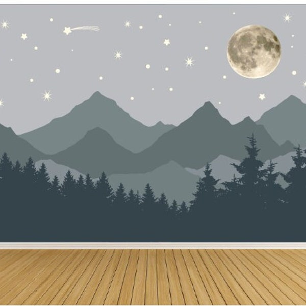 Mountain Wall Decal Mural / Peel n Stick Wall Mural / Moon and Stars  / Nursery Wall Decor