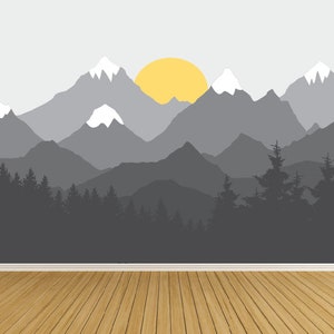 Mountain Wall Mural / Removable and Reusable Wall Decals / Boho Mountain Wall Decal with Sun / Nursery Wall Art Decor / Mountain