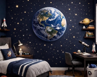 Earth Wall Decal with Stars – Space Nursery Wall Decor, Peel and Stick Removable Planet Decal, Boys Room Galaxy Mural