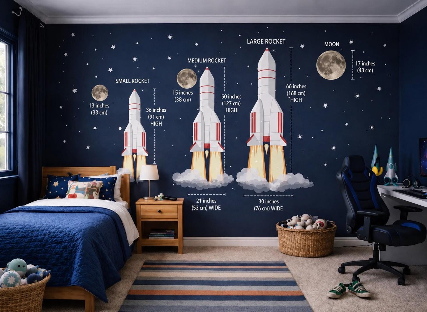Rocket Ship Wall Decals With Moon & Stars – Space Nursery Wall Decals ...