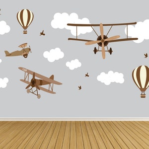 Vintage Airplane Wall Decals-Nursery Wall Decals-Hot Air Balloon Wall Decal-Air Plane Wall Stickers-Kids Wall Art Decor