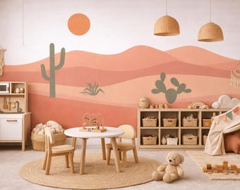 Boho Desert Wall Decal Peel and Stick | Cactus & Sun Nursery Mural | Removable Reusable Wall Decals for Playroom