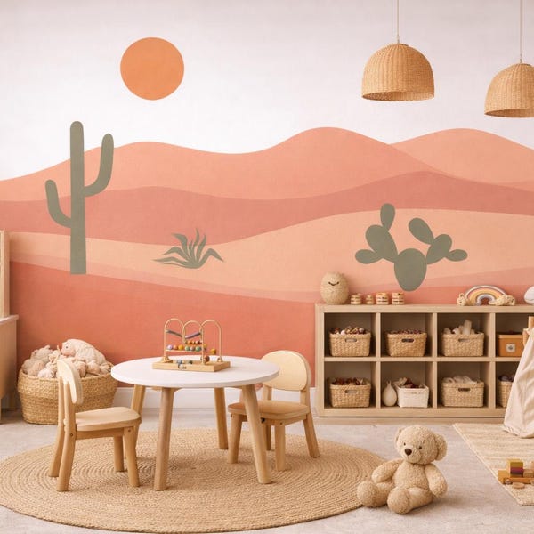 Boho Desert Wall Decal Peel and Stick | Cactus & Sun Nursery Mural | Removable Reusable Wall Decals for Playroom