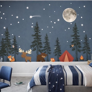 Woodland Forest Night Wall Decals for Kids Room – Camping Animals, Pine Trees, Moon  Stars Peel and Stick Nursery Playroom Decor