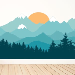 Mountain Wall Mural / Removable and Reusable Wall Decals / Boho Mountain Wall Decal with Sun / Nursery Wall Art Decor / Mountain