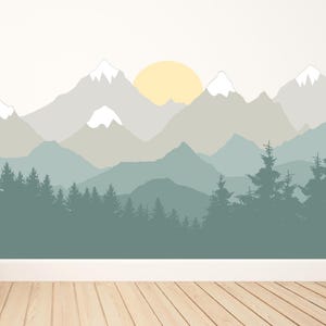 Mountain Wall Mural / Removable and Reusable Wall Decals / Boho Mountain Wall Decal with Sun / Nursery Wall Art Decor / Mountain