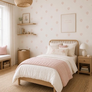 Peut inclure: Une chambre avec un cadre de lit en bois clair, une parure de lit blanche et un jeté de lit matelassé rose. Les murs sont ornés d'un motif répétitif de petits autocollants coquillages roses et d'un cadre avec le texte YOU ARE SO LOVED.