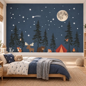 May include: A wall mural featuring a dark blue night sky with a full moon, stars, and a shooting star above a forest of black pine trees. The scene includes a raccoon, fox, moose, bear, and a red tent with a campfire at the base.