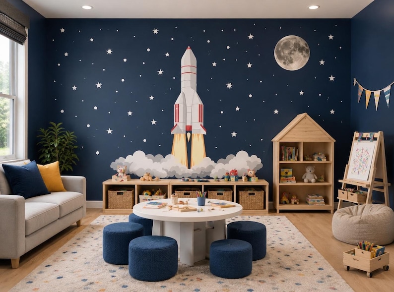 May include: A playroom with a navy blue wall decorated with white stars, a large rocket ship, and a moon. The room features a light-colored sofa, a round white table with blue stools, and a wooden bookshelf. A rug covers the floor.