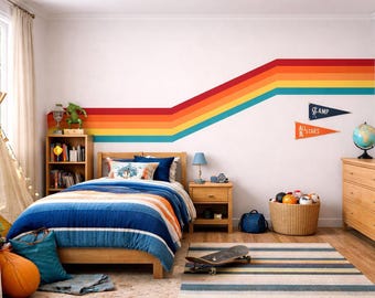 Retro Stripe Wall Decal – Peel and Stick Removable Wall Art, Mid-Century Modern Rainbow Stripe for Kids Room, Playroom, Media or Game R