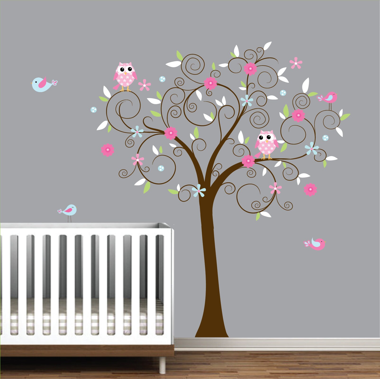 Vinyl Wall Decal Sticker-Tree with Flowers Birds-Kids-e33