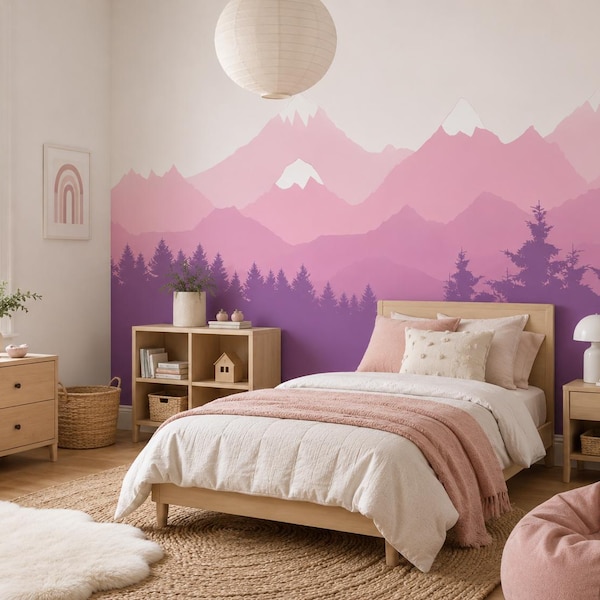 Pink Purple Mountain Wall Decal, Mountain Wall Mural, Ski Bedroom Decor, Teen Girl Room Decor, Scandinavian Mountain Decal, Wall Decal