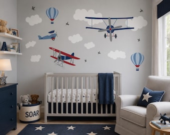 Adesivi murali a tema aereo per la cameretta dei bambini, decorazioni vintage a tema aereo per la cameretta, adesivi murali a forma di mongolfiera, decorazioni per la camera da letto a tema aviazione, cameretta a tema pilota.