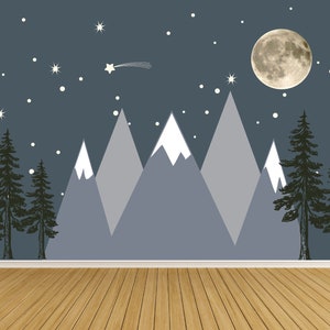 Mountain with Moon and Stars Peel and Stick Wallpaper Nursery Wall Decals