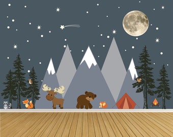 Forest Camping Mountain Wall Decals / Camping Wall Art / Nursery Wall Art / Wall Decals / Mountain Wall Decals / Moon Wall Decal