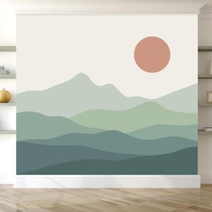 Mountain Wall Mural / Removable and Reusable Wall Decals / Boho Mountain Wall Decal with Sun / Nursery Wall Art Decor / Mountain