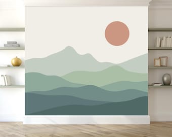 Mountain Wall Mural / Removable and Reusable Wall Decals / Boho Mountain Wall Decal with Sun / Nursery Wall Art Decor / Mountain
