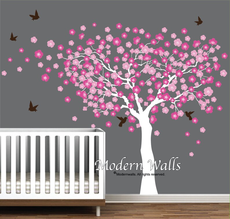 Cherry Blossom Tree Wall Decal Nursery Decals Girls Blowing Sticker With Birds E61