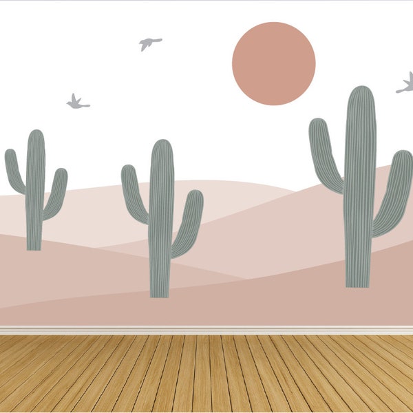 Desert Wall Decal Mural with Cactuses /Mountain Wall Mural Decal / Peel and Stick Wall Decals / Cactus Decals, Sun