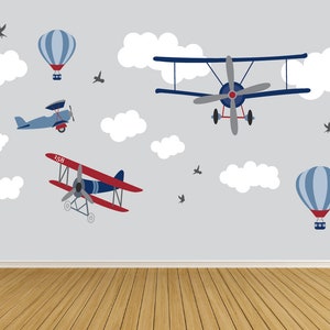 Airplane Wall Decals / Wall Decals / Vintage Airplanes / Airplane / Hot Air Balloon Decals / Clouds / Nursery Wall Decals image 1