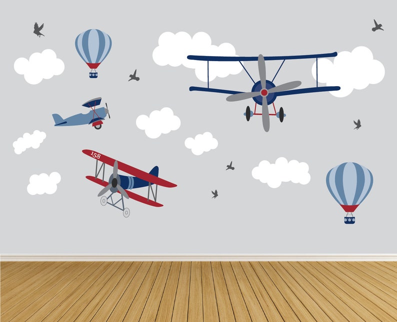 Airplane Wall Decals / Wall Decals / Vintage Airplanes / Airplane / Hot Air Balloon Decals / Clouds / Nursery Wall Decals image 1