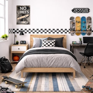 May include: A bedroom with a skateboard theme. The room features a wooden bed frame, a striped rug, and skateboards mounted on the wall. A sign reads "NO LIMIT'S". A digital clock shows 8:30.
