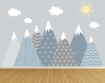 Mountain Wall Decals / Sun and Cloud Decals / Wall Mural / Mountains / Nursery Wall Decals / Kids / Wall Stickers
