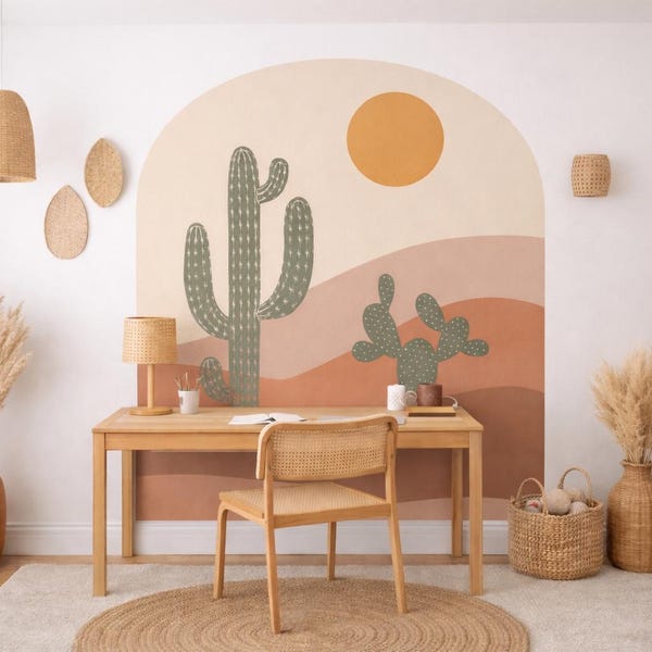 Boho Desert Arch Wall Decal – Cactus Nursery Wall Art, Peel and Stick Removable Wall Mural, Southwestern Kids Room Decor