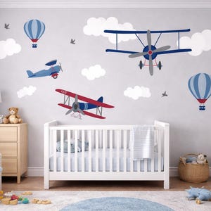 Aviation Wall Decals for Boys Room, Airplane / Hot Air Balloon Wall Decals, Nursery & Playroom Peel and Stick Wall Decals, Removable Decal
