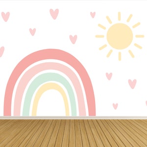 Rainbow Wall Sticker with Hearts and Sun - Peel and Stick Wall Decals