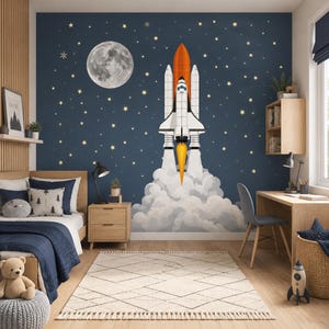 May include: A wall mural featuring a space shuttle launching into a dark blue sky filled with yellow stars and a large moon. The shuttle has a white body, orange fuel tank, and bright yellow flames at the base, surrounded by thick white clouds.