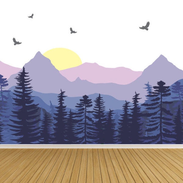 Ombre mountains mural removable wall decals tree forest wall mural decal nursery decor custom size and colors